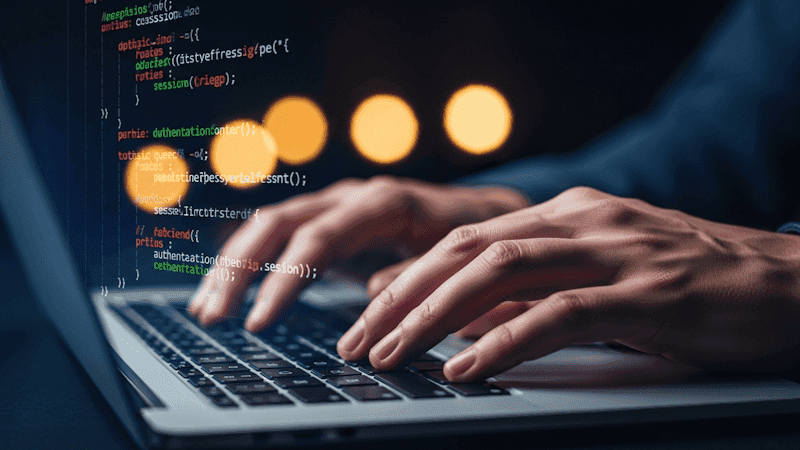 Manos programando en una notebook con código en pantalla